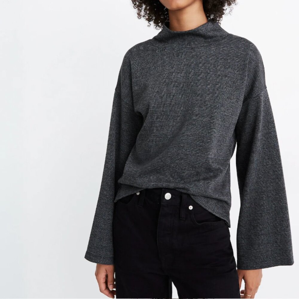 Madewell Women's Mock Neck Plaid Top Wide Sleeve Gray Grey Size XXS (Fits XS)